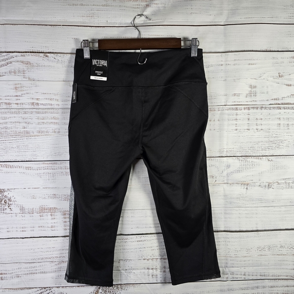 NWT Victoria Sport Black Crop Leggings Mesh & Glitter Stripe Athletic Capri - Picture 2 of 7